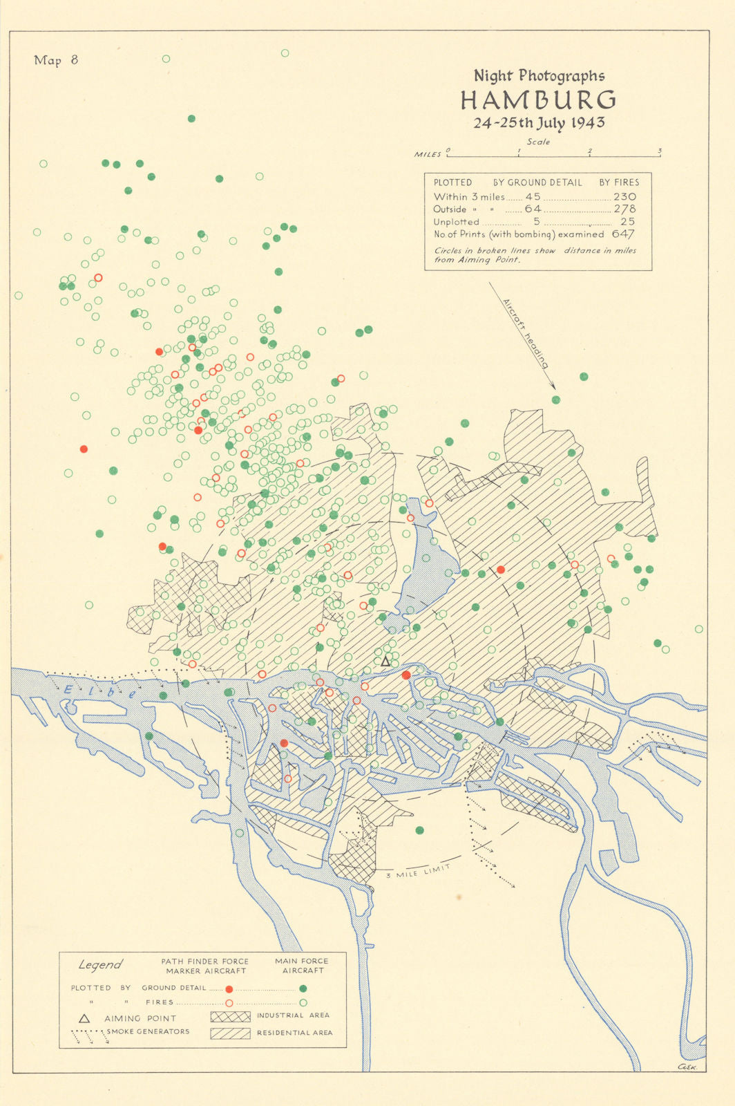 Hamburg 24-25th July 1943 RAF bombing impact assessment. World War Two 1961 map
